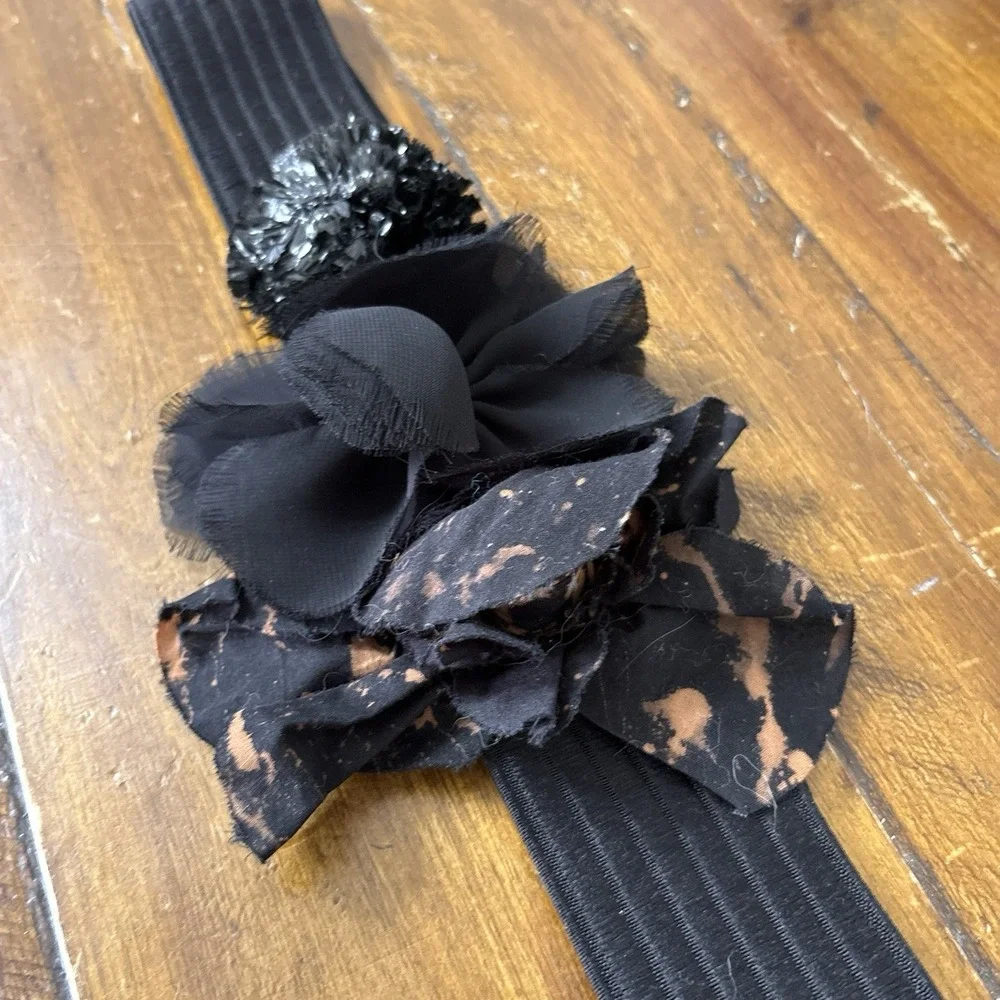 Vtg J.Crew Black Elastic Floral Waist Belt Rosette Chiffon Flower Cinch Y2K
